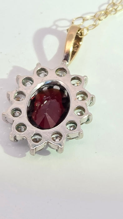 Vintage: 9ct Yellow Gold Garnet & Simulated Diamond Halo Pendant & Chain