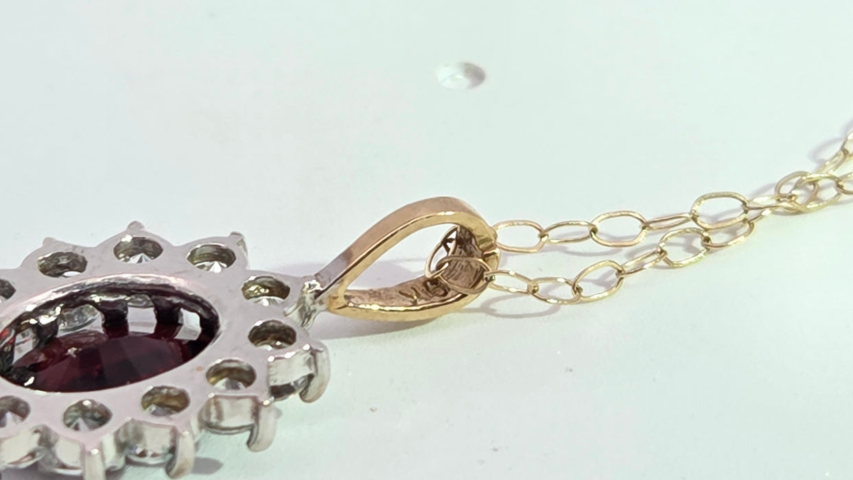 Vintage: 9ct Yellow Gold Garnet & Simulated Diamond Halo Pendant & Chain