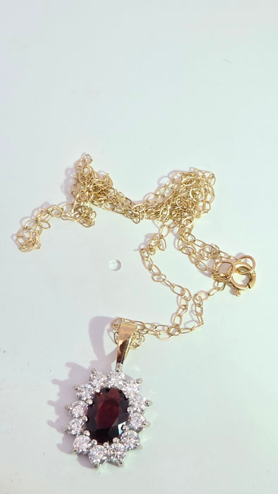 Vintage: 9ct Yellow Gold Garnet & Simulated Diamond Halo Pendant & Chain