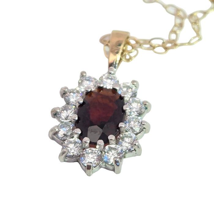 Vintage: 9ct Yellow Gold Garnet & Simulated Diamond Halo Pendant & Chain