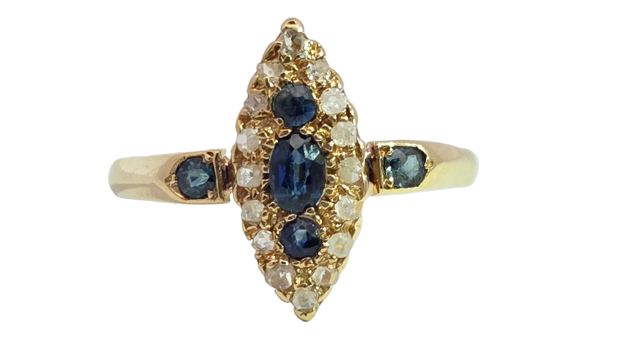 Antique: 18ct Yellow Gold Sapphire & 16-Diamond Marquise-Shaped Ring — From 1912