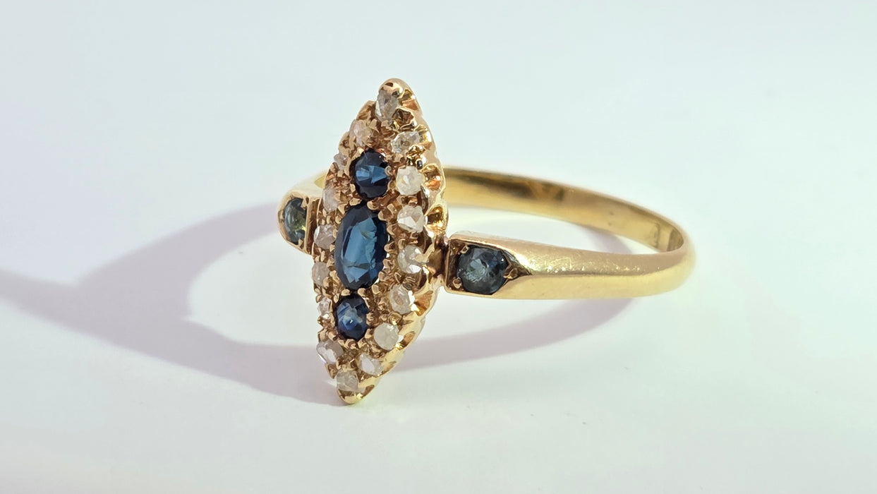 Antique: 18ct Yellow Gold Sapphire & 16-Diamond Marquise-Shaped Ring — From 1912