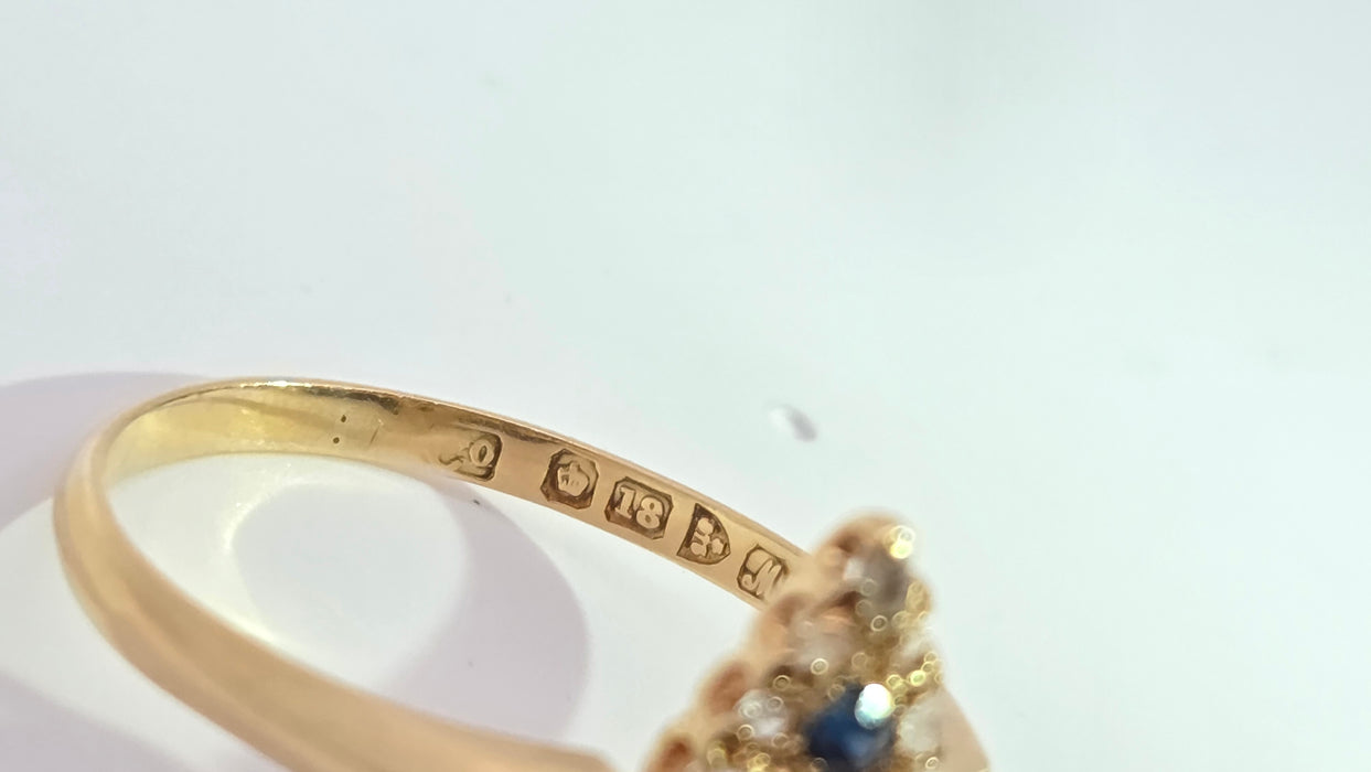 Antique: 18ct Yellow Gold Sapphire & 16-Diamond Marquise-Shaped Ring — From 1912