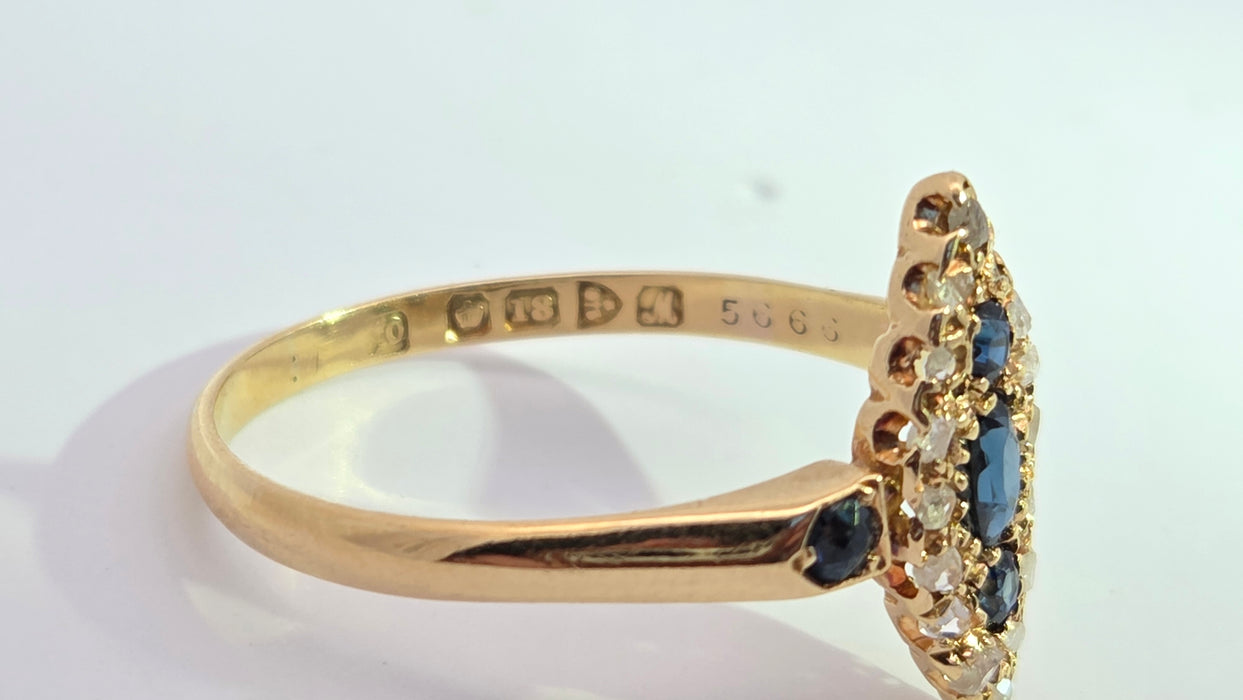 Antique: 18ct Yellow Gold Sapphire & 16-Diamond Marquise-Shaped Ring — From 1912