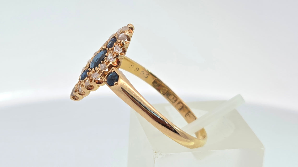 Antique: 18ct Yellow Gold Sapphire & 16-Diamond Marquise-Shaped Ring — From 1912