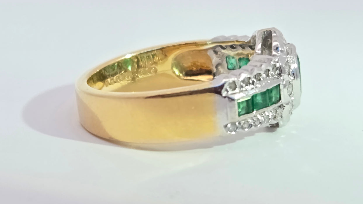 Vintage: 18ct Yellow Gold Seven-Emerald & 32-Diamond Art Deco Style Dress Ring