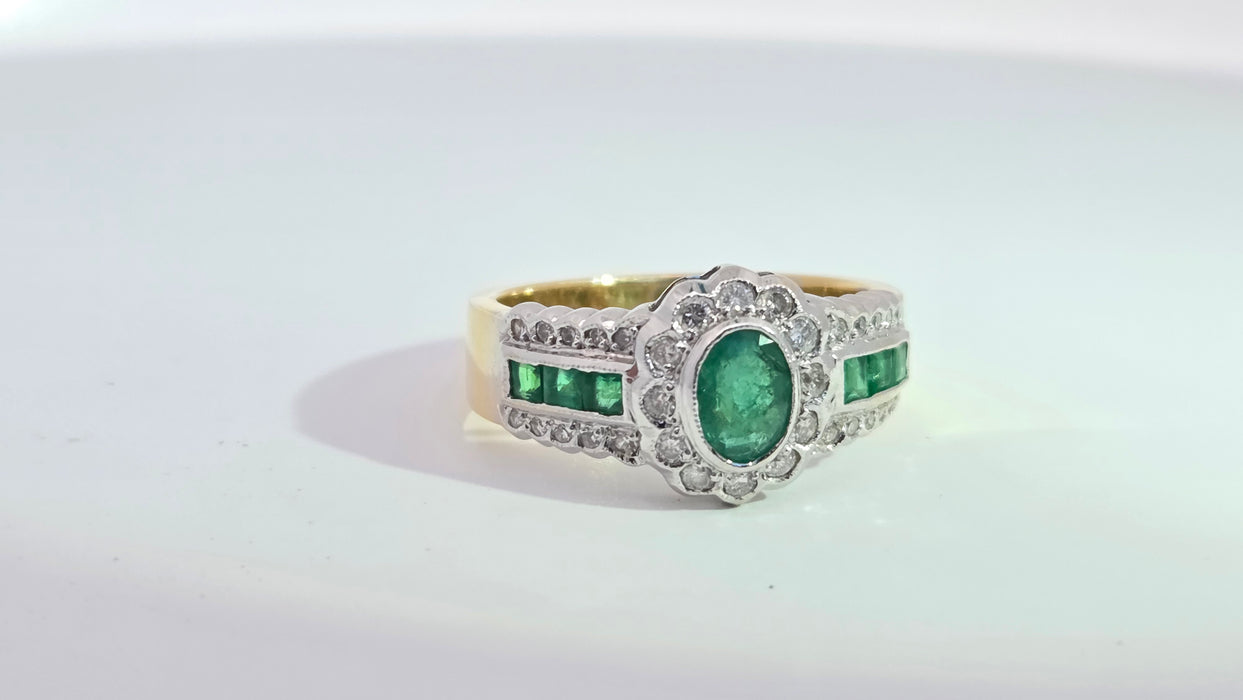 Vintage: 18ct Yellow Gold Seven-Emerald & 32-Diamond Art Deco Style Dress Ring