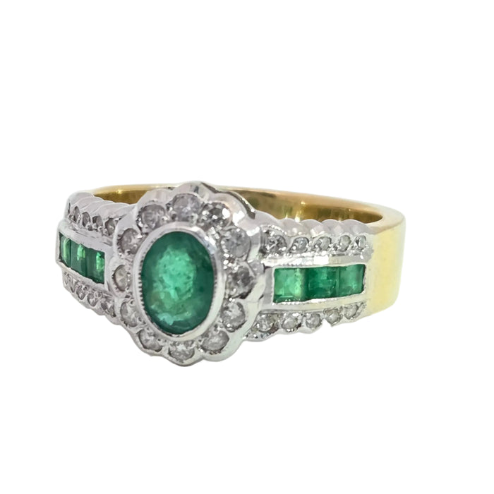 Vintage: 18ct Yellow Gold Seven-Emerald & 32-Diamond Art Deco Style Dress Ring