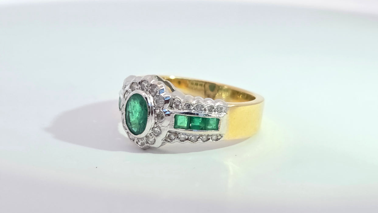 Vintage: 18ct Yellow Gold Seven-Emerald & 32-Diamond Art Deco Style Dress Ring