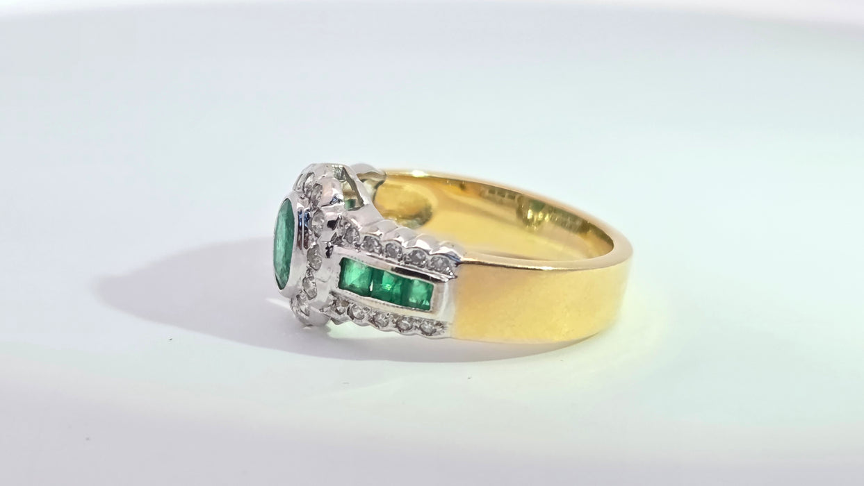 Vintage: 18ct Yellow Gold Seven-Emerald & 32-Diamond Art Deco Style Dress Ring