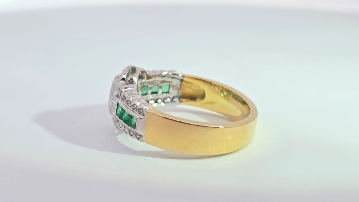 Vintage: 18ct Yellow Gold Seven-Emerald & 32-Diamond Art Deco Style Dress Ring