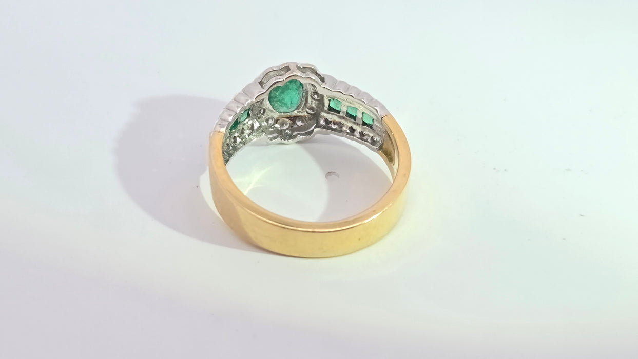 Vintage: 18ct Yellow Gold Seven-Emerald & 32-Diamond Art Deco Style Dress Ring