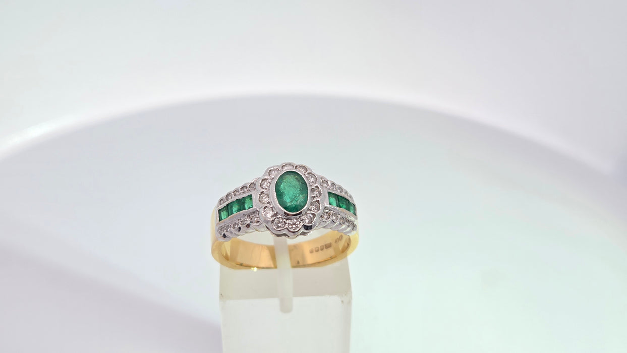 Vintage: 18ct Yellow Gold Seven-Emerald & 32-Diamond Art Deco Style Dress Ring