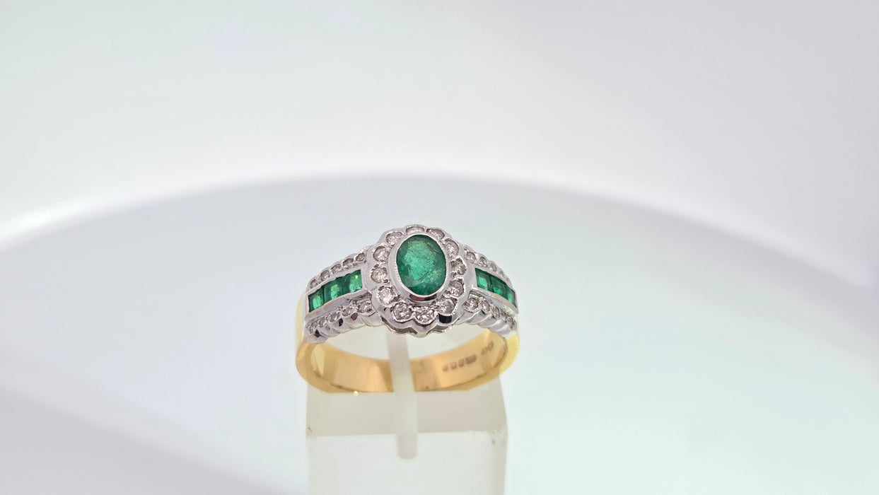 Vintage: 18ct Yellow Gold Seven-Emerald & 32-Diamond Art Deco Style Dress Ring
