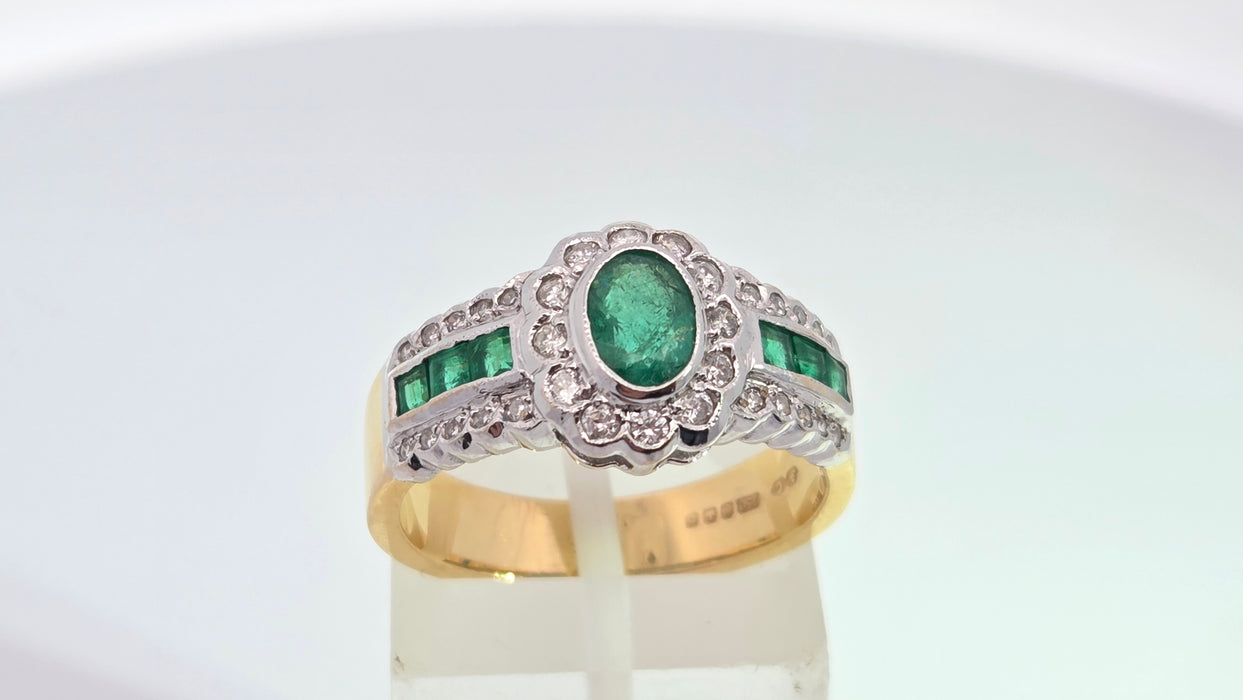 Vintage: 18ct Yellow Gold Seven-Emerald & 32-Diamond Art Deco Style Dress Ring