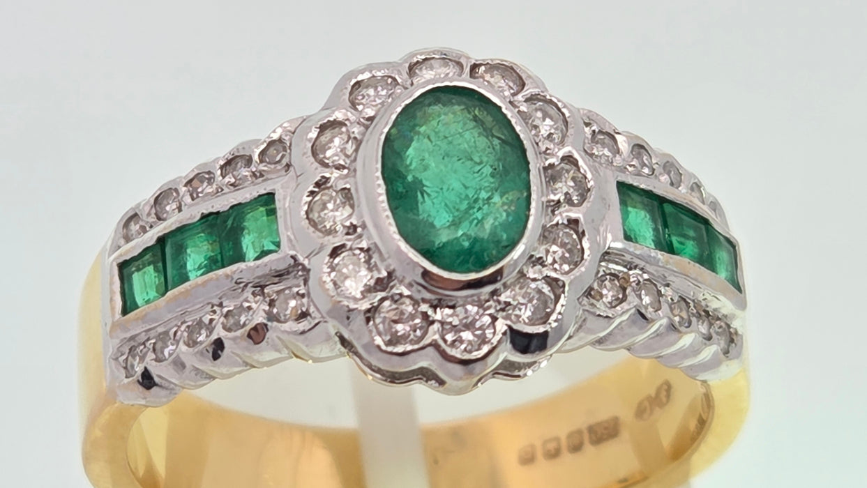 Vintage: 18ct Yellow Gold Seven-Emerald & 32-Diamond Art Deco Style Dress Ring