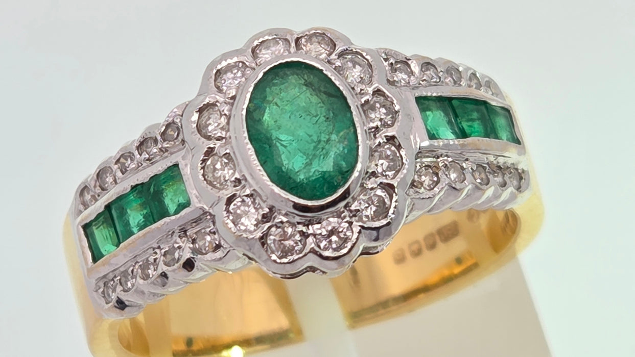Vintage: 18ct Yellow Gold Seven-Emerald & 32-Diamond Art Deco Style Dress Ring