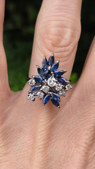 Vintage: 18ct White Gold Sapphire 1.50ct & Diamond 0.61ct Asymmetrical Cocktail Ring