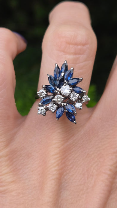 Vintage: 18ct White Gold Sapphire 1.50ct & Diamond 0.61ct Asymmetrical Cocktail Ring