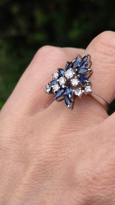 Vintage: 18ct White Gold Sapphire 1.50ct & Diamond 0.61ct Asymmetrical Cocktail Ring