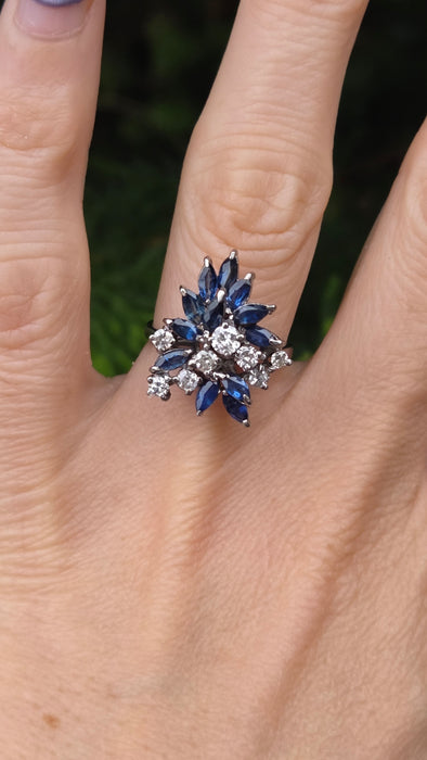 Vintage: 18ct White Gold Sapphire 1.50ct & Diamond 0.61ct Asymmetrical Cocktail Ring