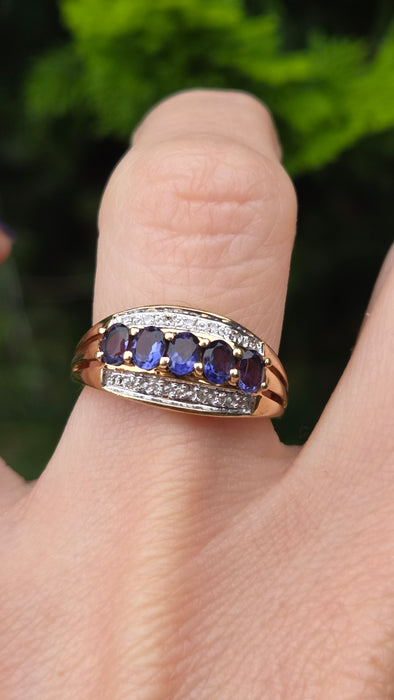 Vintage: 9ct Yellow Gold Iolite & Natural Diamond Dress Ring