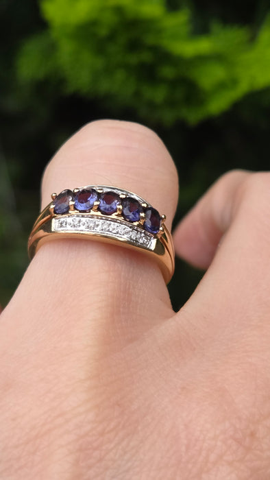Vintage: 9ct Yellow Gold Iolite & Natural Diamond Dress Ring