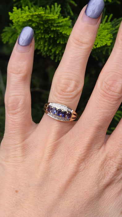 Vintage: 9ct Yellow Gold Iolite & Natural Diamond Dress Ring