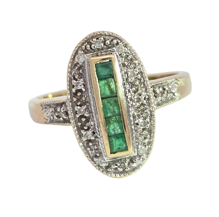 Vintage: 9ct Yellow Gold Emerald & Diamond Art Deco Panel Style Ring