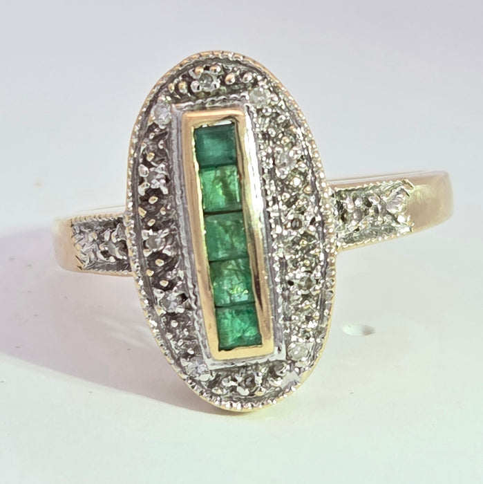 Vintage: 9ct Yellow Gold Emerald & Diamond Art Deco Panel Style Ring