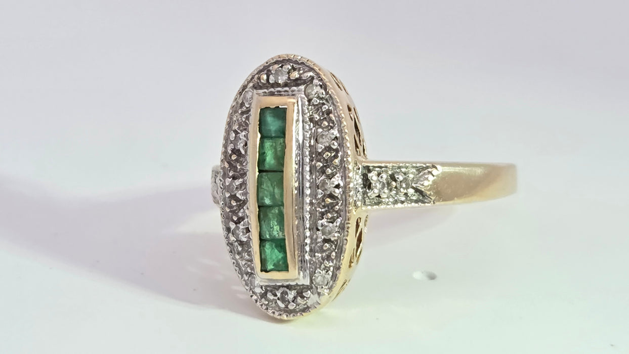 Vintage: 9ct Yellow Gold Emerald & Diamond Art Deco Panel Style Ring