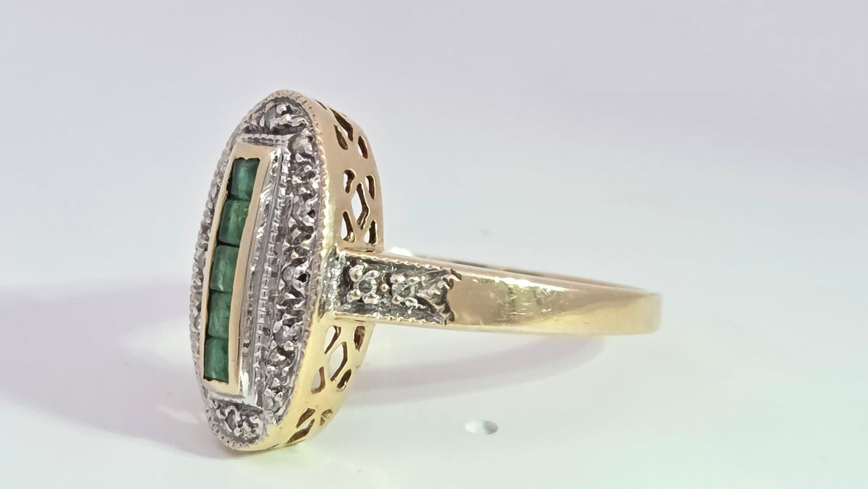 Vintage: 9ct Yellow Gold Emerald & Diamond Art Deco Panel Style Ring