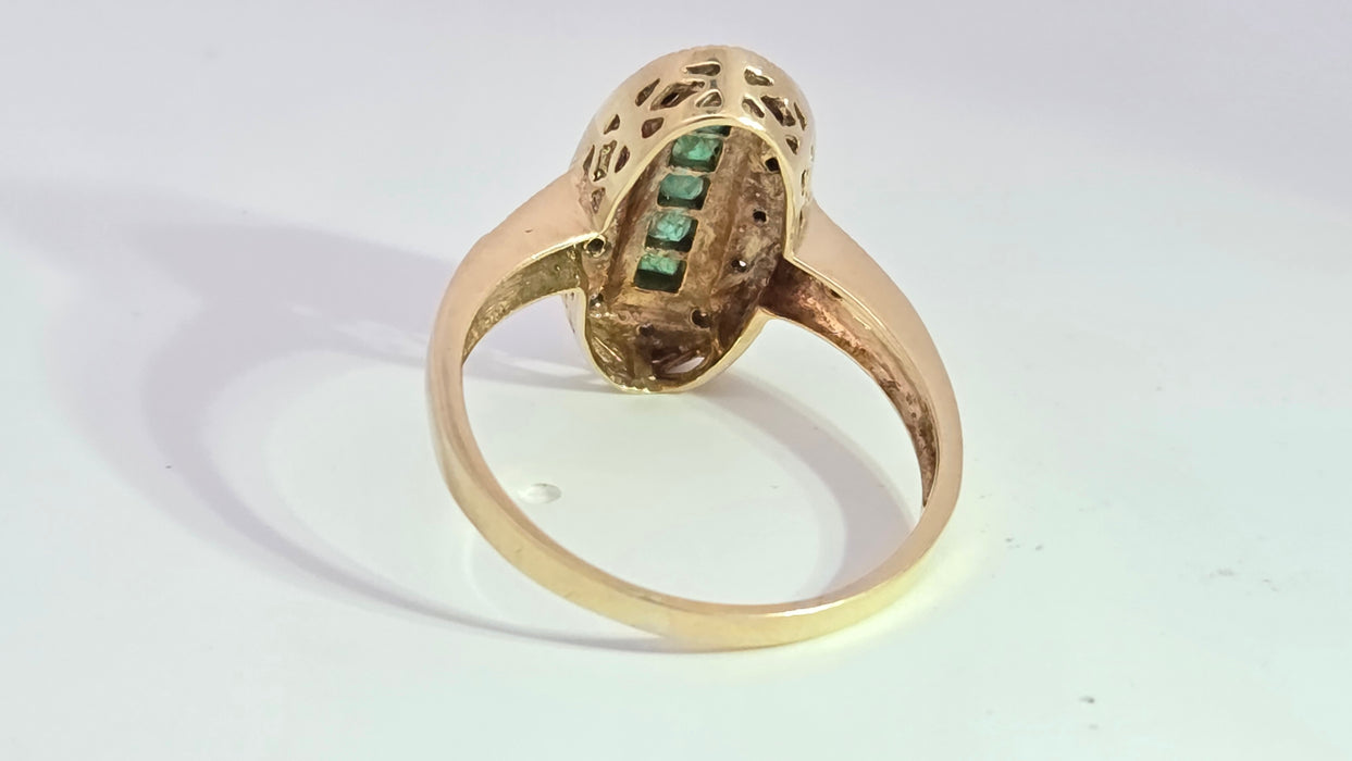 Vintage: 9ct Yellow Gold Emerald & Diamond Art Deco Panel Style Ring