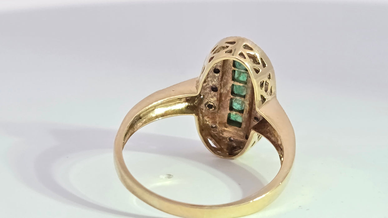 Vintage: 9ct Yellow Gold Emerald & Diamond Art Deco Panel Style Ring