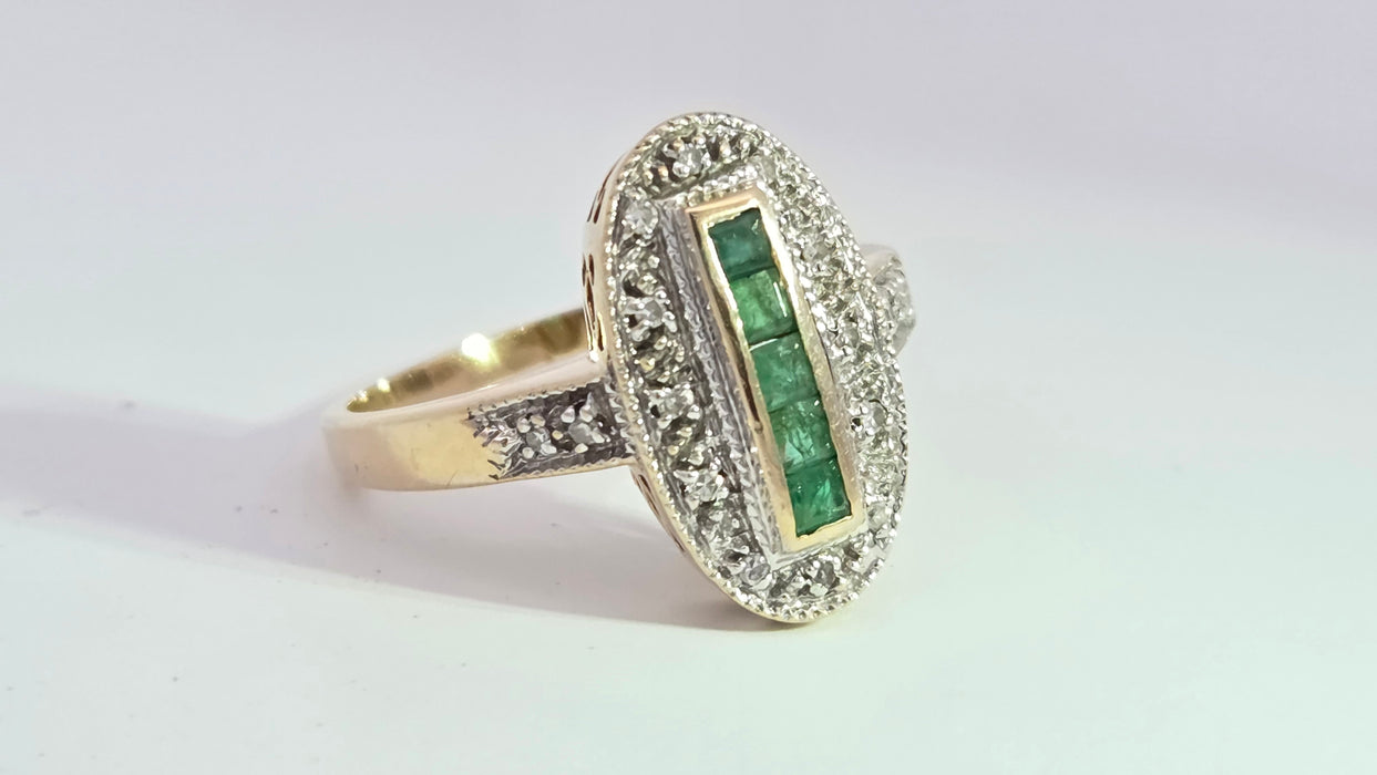 Vintage: 9ct Yellow Gold Emerald & Diamond Art Deco Panel Style Ring