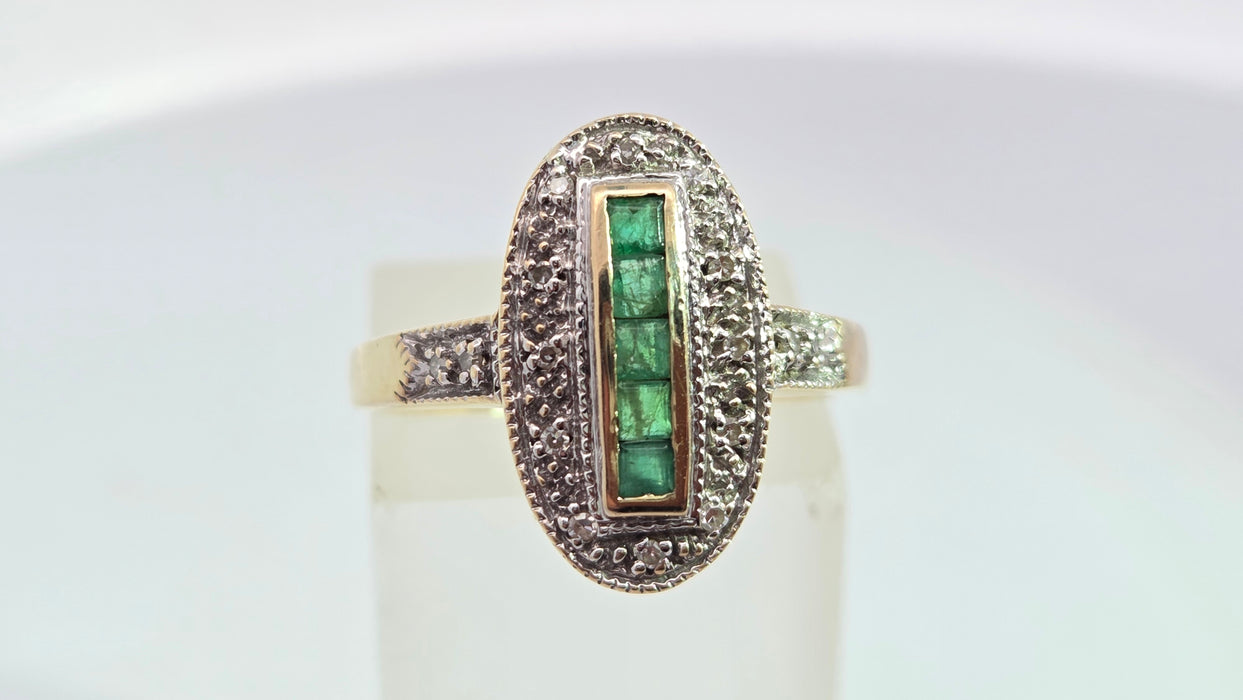 Vintage: 9ct Yellow Gold Emerald & Diamond Art Deco Panel Style Ring