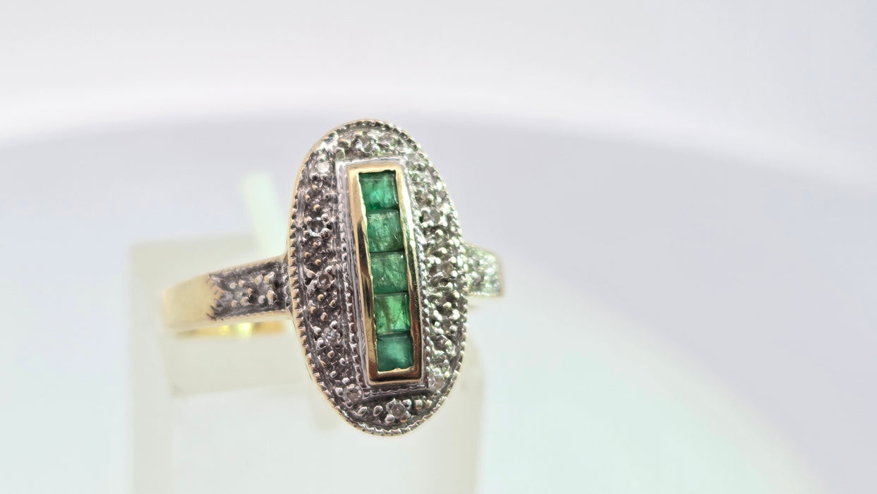 Vintage: 9ct Yellow Gold Emerald & Diamond Art Deco Panel Style Ring
