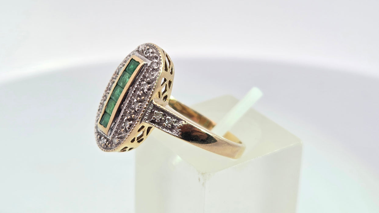 Vintage: 9ct Yellow Gold Emerald & Diamond Art Deco Panel Style Ring
