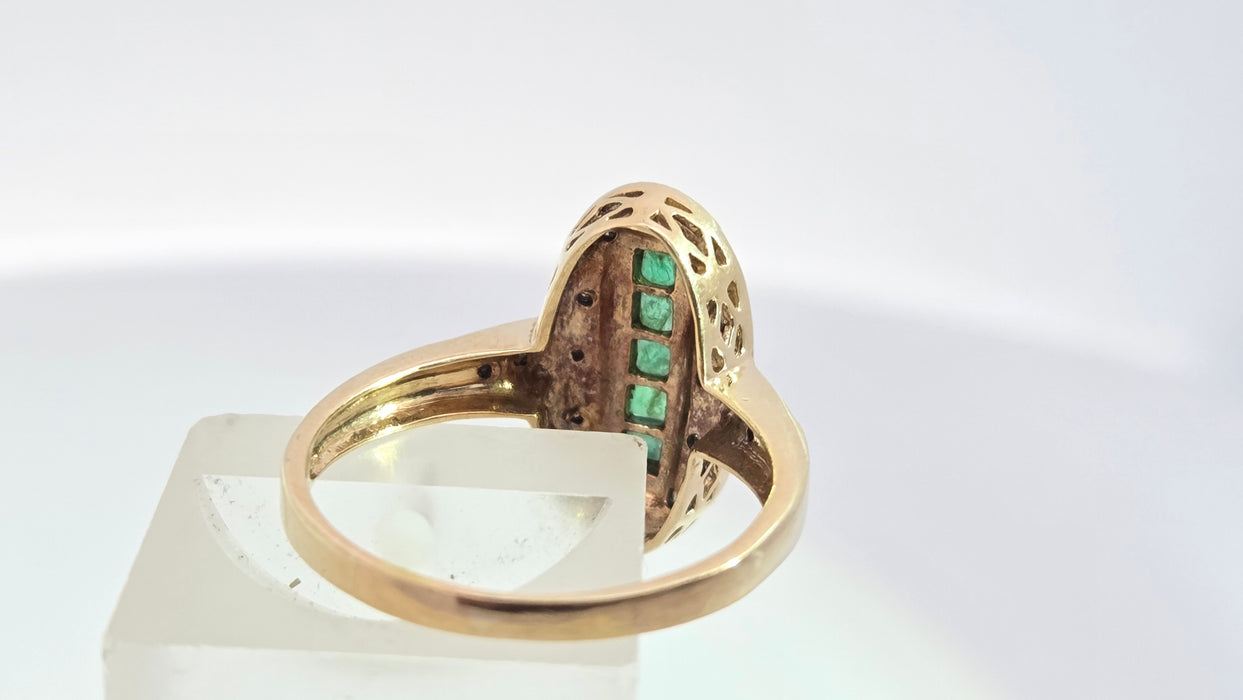 Vintage: 9ct Yellow Gold Emerald & Diamond Art Deco Panel Style Ring
