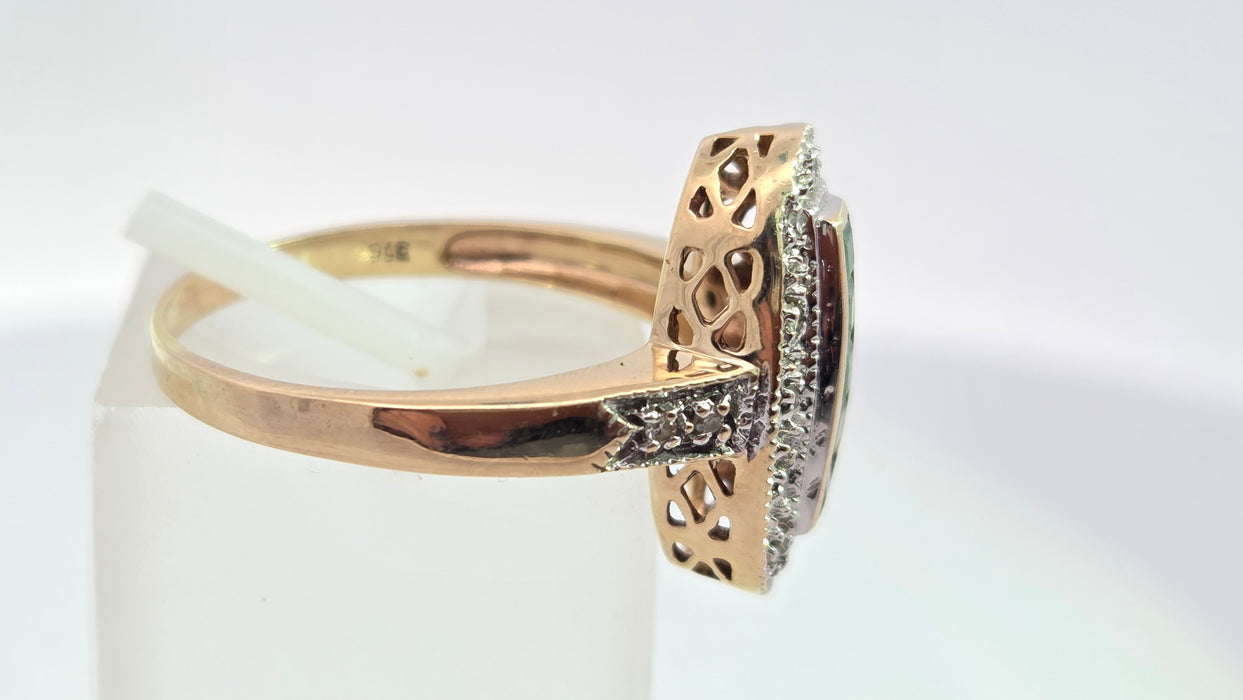 Vintage: 9ct Yellow Gold Emerald & Diamond Art Deco Panel Style Ring