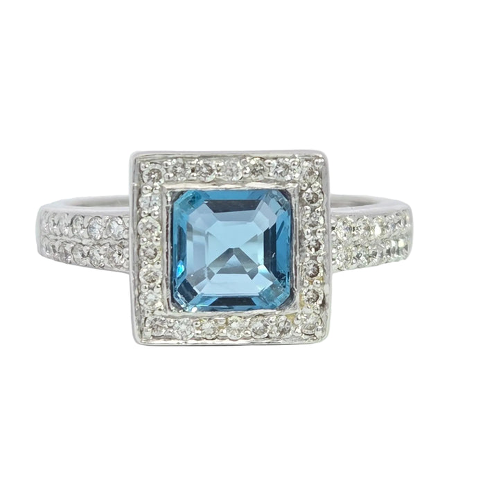 Vintage: 18ct White Gold Aquamarine 0.73ct & Diamond 0.48ct Geometric Set Cocktail Ring — From 2006