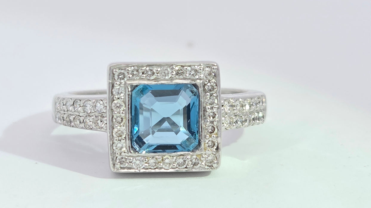 Vintage: 18ct White Gold Aquamarine 0.73ct & Diamond 0.48ct Geometric Set Cocktail Ring — From 2006