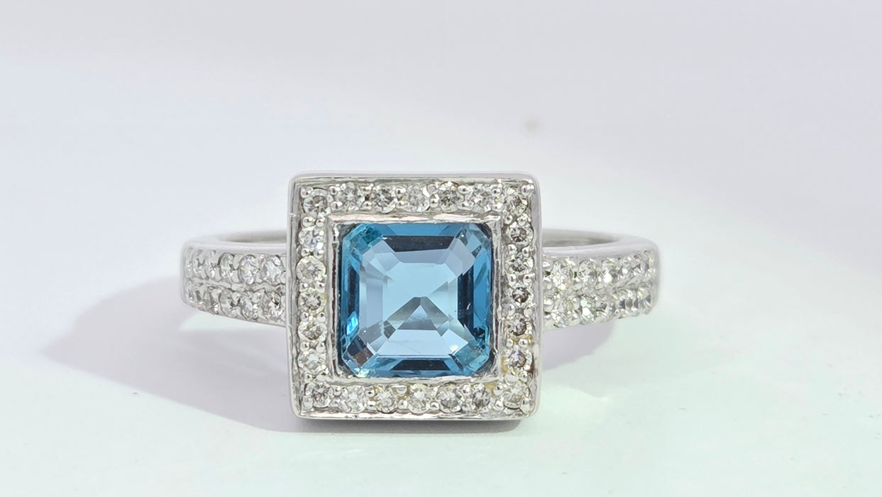Vintage: 18ct White Gold Aquamarine 0.73ct & Diamond 0.48ct Geometric Set Cocktail Ring — From 2006