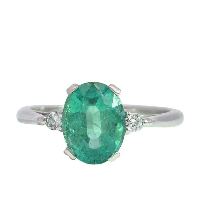 Vintage: 18ct White Gold Emerald 1.60ct & Diamond 0.08ct Twin Diamond Ring — From 1983