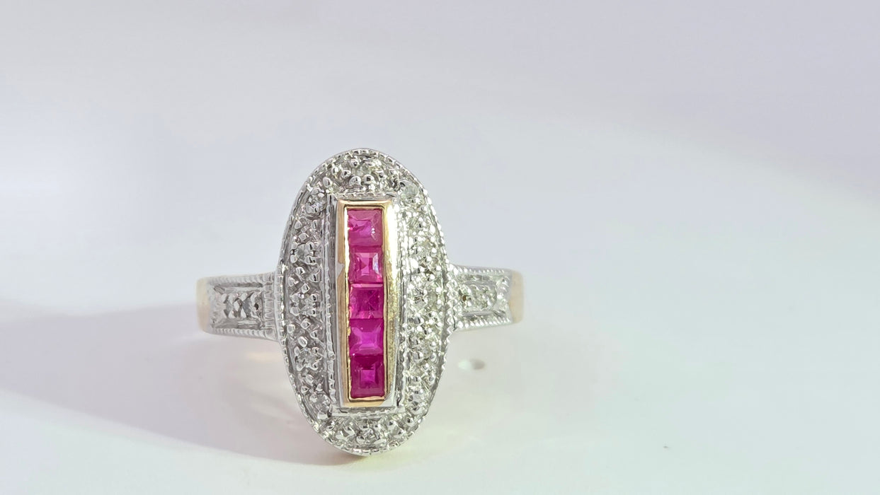 Vintage: 9ct Yellow Gold Ruby 0.35ct & 16-Diamond Art Deco Style Panel Ring