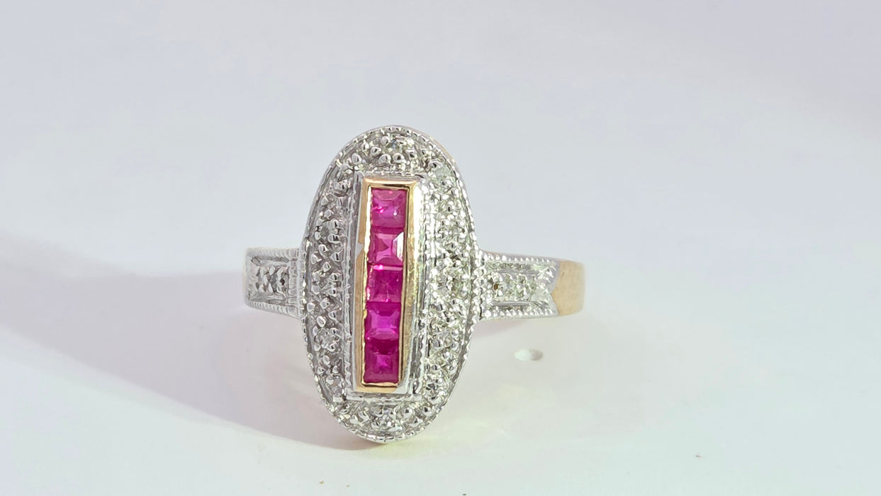 Vintage: 9ct Yellow Gold Ruby 0.35ct & 16-Diamond Art Deco Style Panel Ring