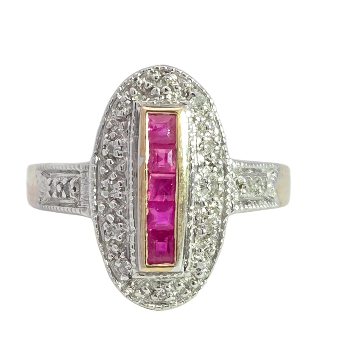 Vintage: 9ct Yellow Gold Ruby 0.35ct & 16-Diamond Art Deco Style Panel Ring