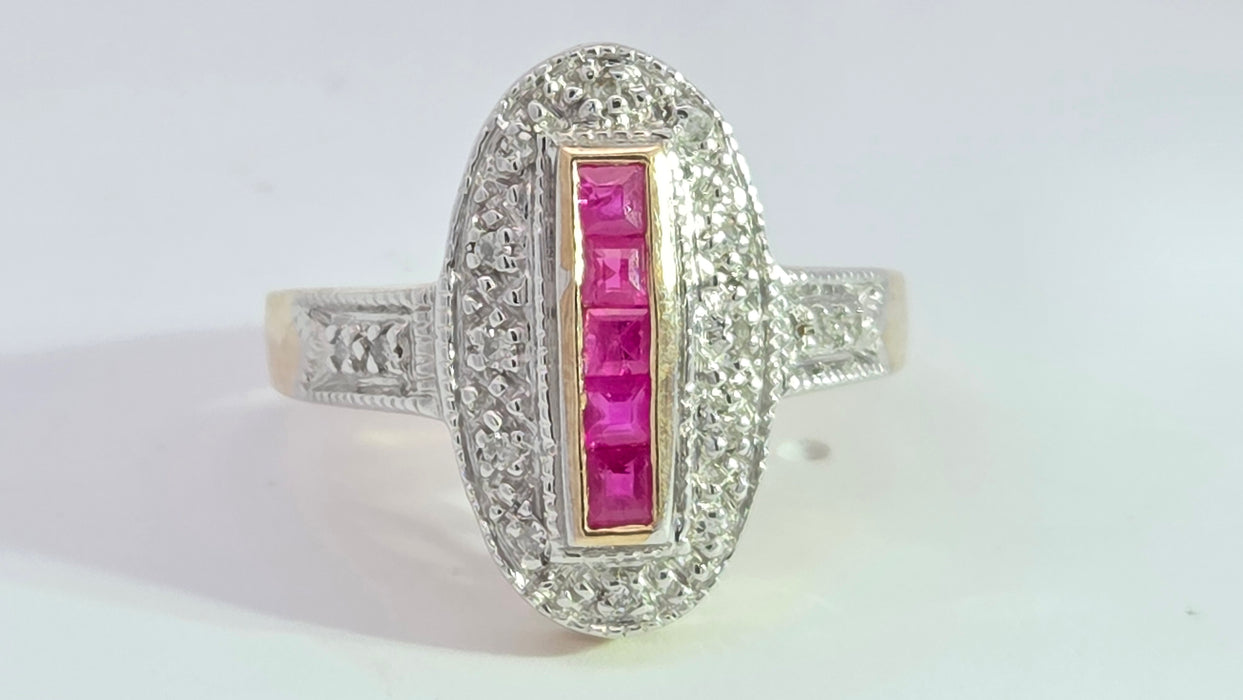 Vintage: 9ct Yellow Gold Ruby 0.35ct & 16-Diamond Art Deco Style Panel Ring