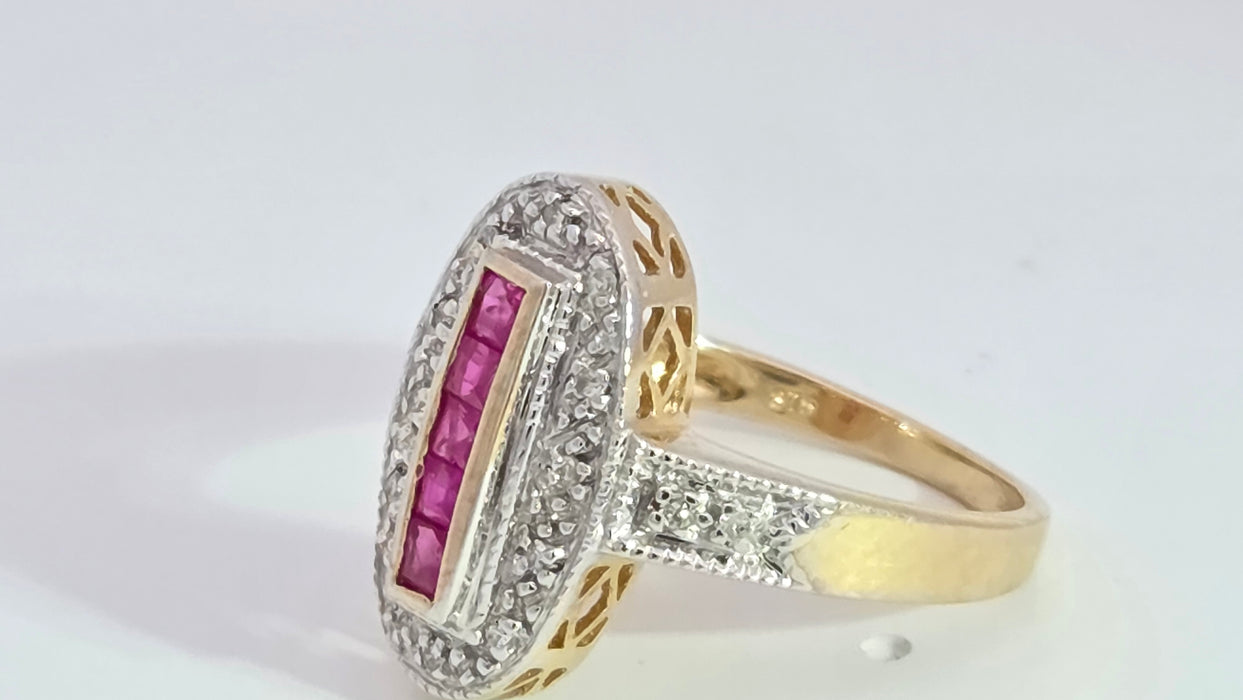 Vintage: 9ct Yellow Gold Ruby 0.35ct & 16-Diamond Art Deco Style Panel Ring