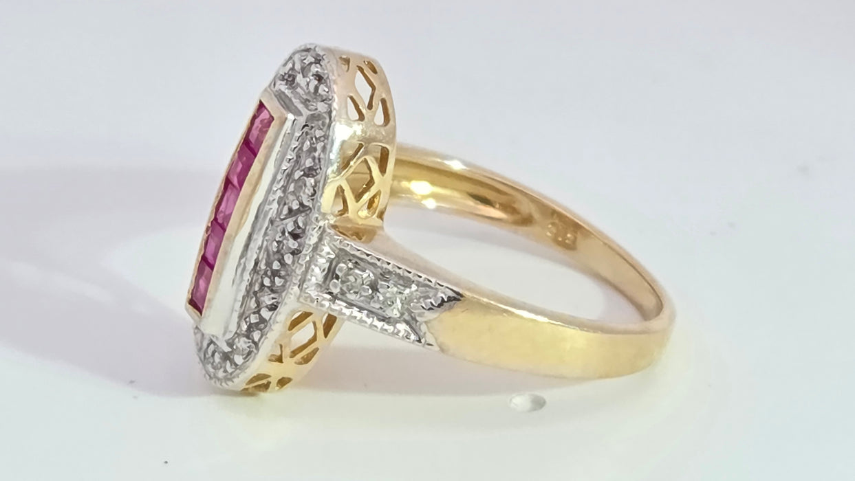 Vintage: 9ct Yellow Gold Ruby 0.35ct & 16-Diamond Art Deco Style Panel Ring